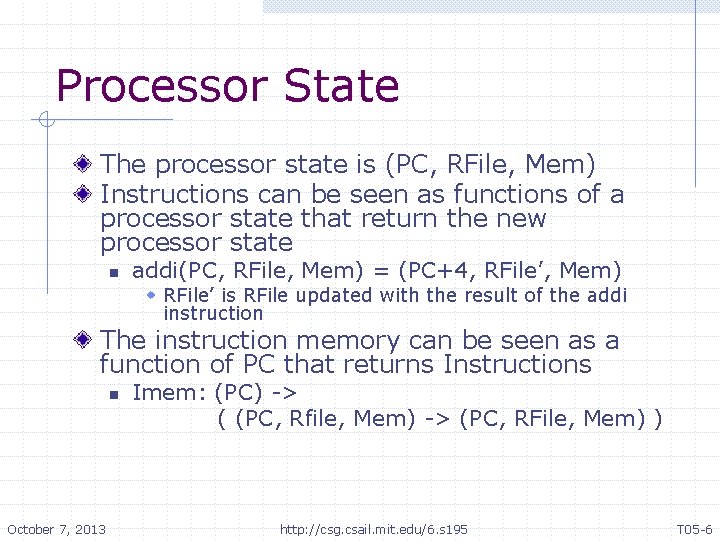 Processor State The processor state is (PC, RFile, Mem) Instructions can be seen as