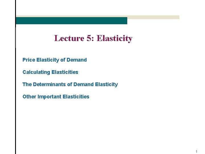 Lecture 5: Elasticity Price Elasticity of Demand Calculating Elasticities The Determinants of Demand Elasticity