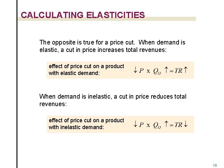 CALCULATING ELASTICITIES The opposite is true for a price cut. When demand is elastic,