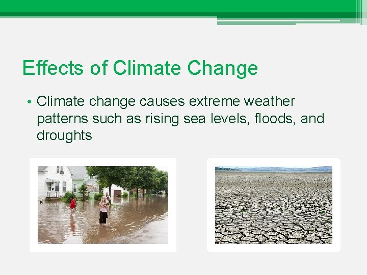 Effects of Climate Change • Climate change causes extreme weather patterns such as rising