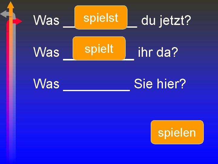 spielst Was _____ du jetzt? spielt Was _______ ihr da? Was _____ Sie hier?