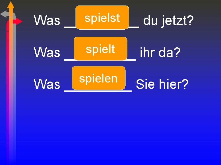 spielst Was _____ du jetzt? spielt Was _______ ihr da? spielen Was _____ Sie