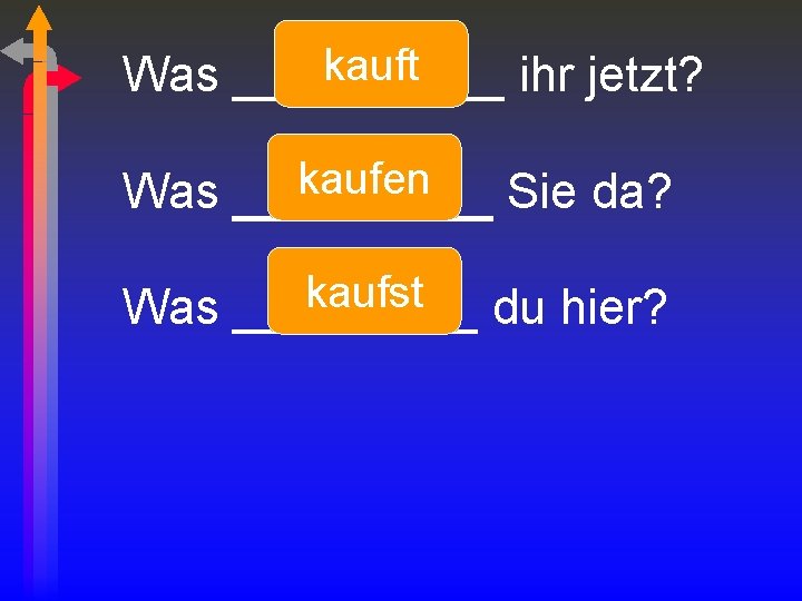 kauft Was _____ ihr jetzt? kaufen Was _______ Sie da? kaufst Was _____ du