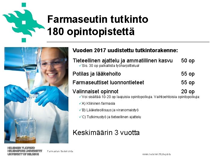 Farmaseutin tutkinto 180 opintopistettä Vuoden 2017 uudistettu tutkintorakenne: Tieteellinen ajattelu ja ammatillinen kasvu 50