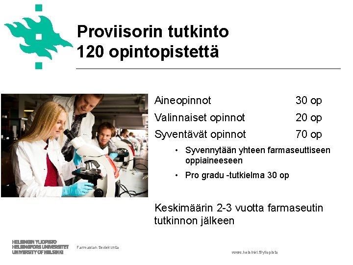 Proviisorin tutkinto 120 opintopistettä Aineopinnot 30 op Valinnaiset opinnot 20 op Syventävät opinnot 70