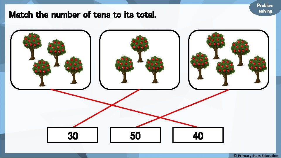 Problem solving Match the number of tens to its total. 30 50 40 Problem solving Match the number of tens to its total. 30 50 40