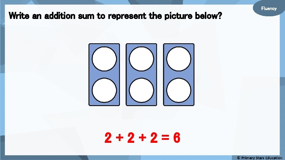 Write an addition sum to represent the picture below? 2+2+2=6 Fluency Write an addition sum to represent the picture below? 2+2+2=6 Fluency
