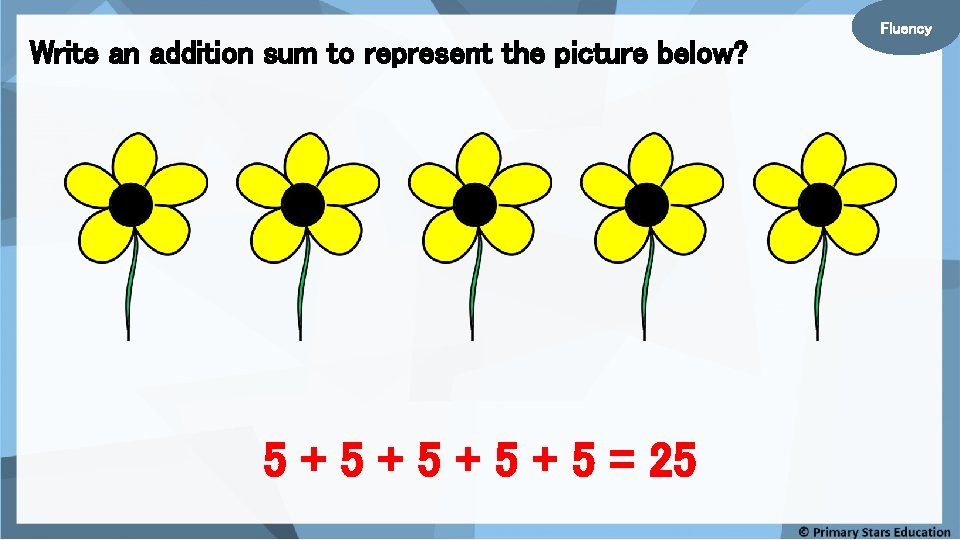 Write an addition sum to represent the picture below? 5 + 5 + 5 Write an addition sum to represent the picture below? 5 + 5 + 5