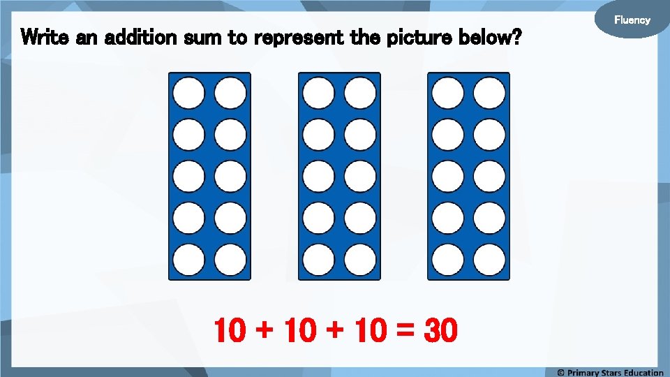 Write an addition sum to represent the picture below? 10 + 10 = 30 Write an addition sum to represent the picture below? 10 + 10 = 30