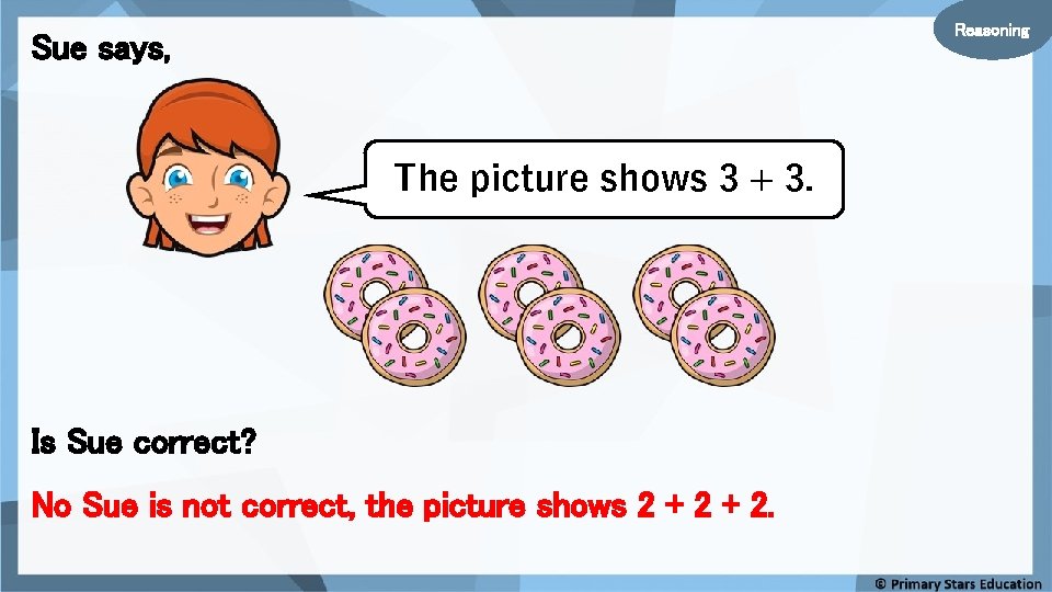 Reasoning Sue says, The picture shows 3 + 3. Is Sue correct? No Sue Reasoning Sue says, The picture shows 3 + 3. Is Sue correct? No Sue