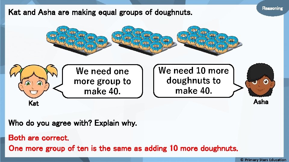 Kat and Asha are making equal groups of doughnuts. We need one more group Kat and Asha are making equal groups of doughnuts. We need one more group