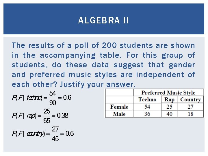 ALGEBRA II The results of a poll of 200 students are shown in the ALGEBRA II The results of a poll of 200 students are shown in the
