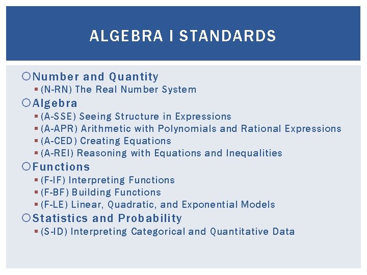 ALGEBRA I STANDARDS Number and Quantity § (N-RN) The Real Number System Algebra § ALGEBRA I STANDARDS Number and Quantity § (N-RN) The Real Number System Algebra §