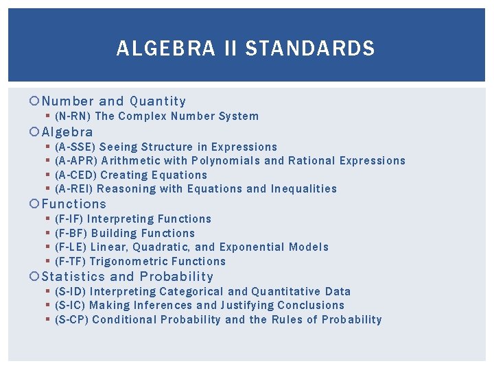 ALGEBRA II STANDARDS Number and Quantity § (N-RN) The Complex Number System Algebra § ALGEBRA II STANDARDS Number and Quantity § (N-RN) The Complex Number System Algebra §