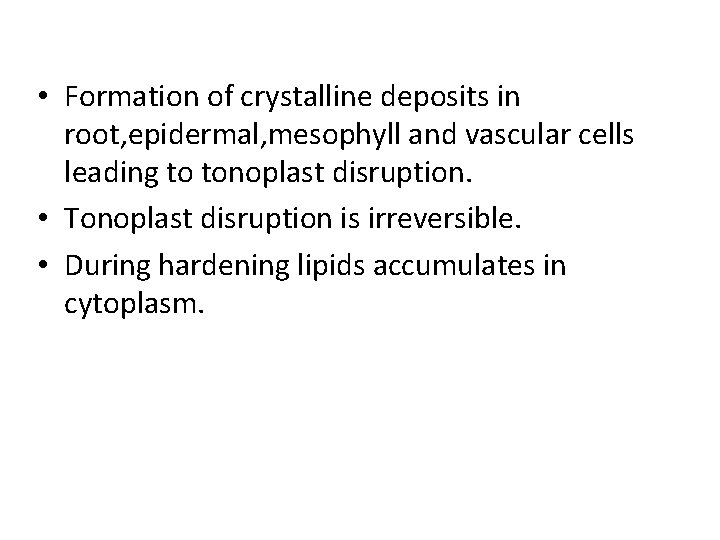  • Formation of crystalline deposits in root, epidermal, mesophyll and vascular cells leading