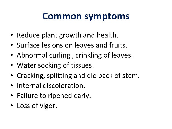 Common symptoms • • Reduce plant growth and health. Surface lesions on leaves and
