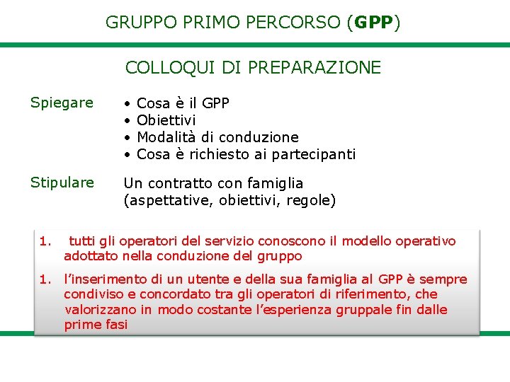 GRUPPO PRIMO PERCORSO (GPP) COLLOQUI DI PREPARAZIONE Spiegare • • Stipulare Un contratto con