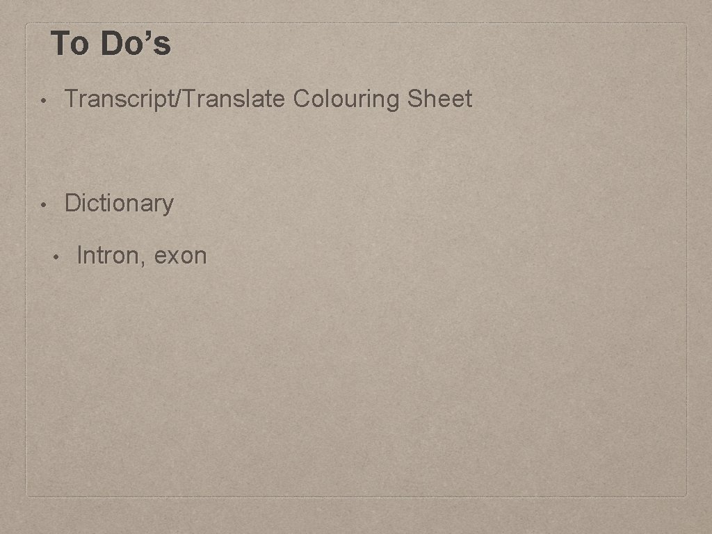 To Do’s • Transcript/Translate Colouring Sheet • Dictionary • Intron, exon 