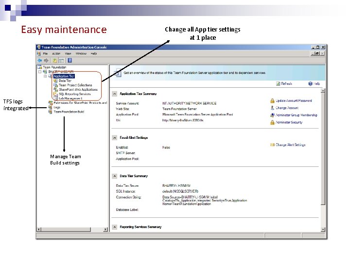 Easy maintenance TFS logs integrated Manage Team Build settings Change all App tier settings