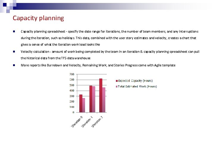Capacity planning n Capacity planning spreadsheet - specify the date range for iterations, the