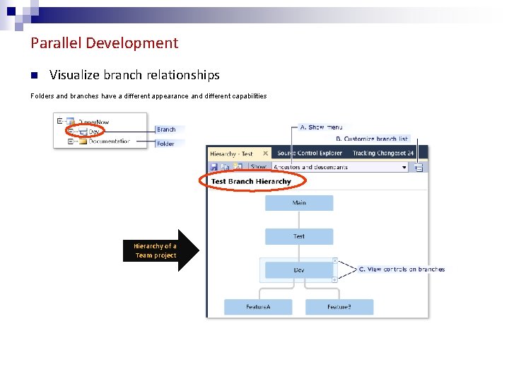 Parallel Development n Visualize branch relationships Folders and branches have a different appearance and