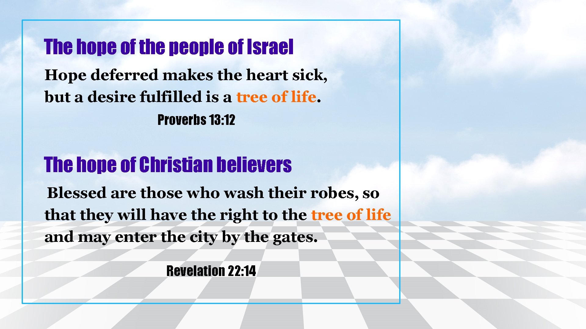 The hope of the people of Israel Hope deferred makes the heart sick, but