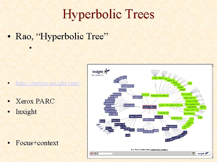 Hyperbolic Trees • Rao, “Hyperbolic Tree” • • http: //startree. inxight. com/ • Xerox