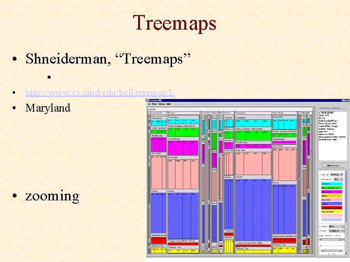 Treemaps • Shneiderman, “Treemaps” • • http: //www. cs. umd. edu/hcil/treemap 3/ • Maryland