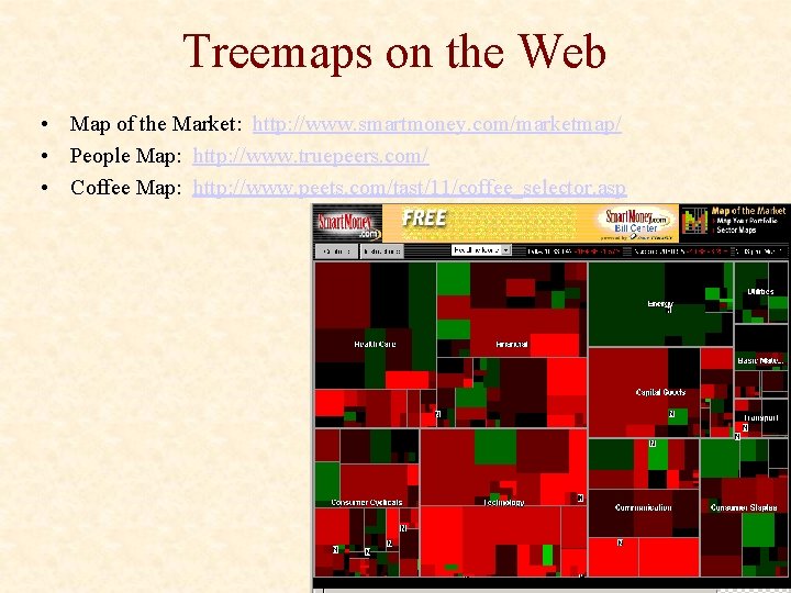 Treemaps on the Web • Map of the Market: http: //www. smartmoney. com/marketmap/ •