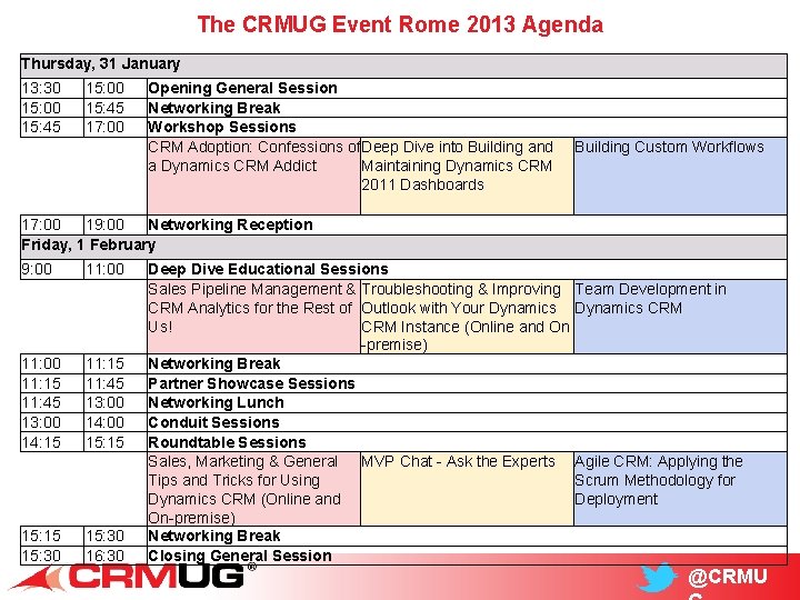 The CRMUG Event Rome 2013 Agenda Thursday, 31 January 13: 30 15: 00 15: