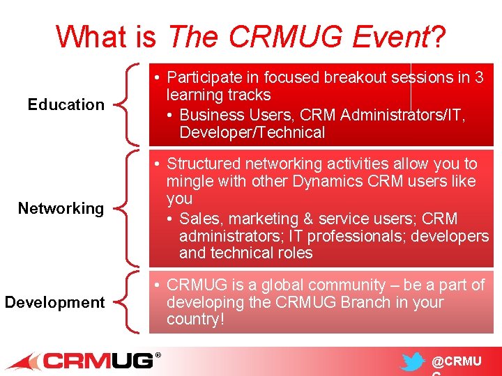 What is The CRMUG Event? Education • Participate in focused breakout sessions in 3