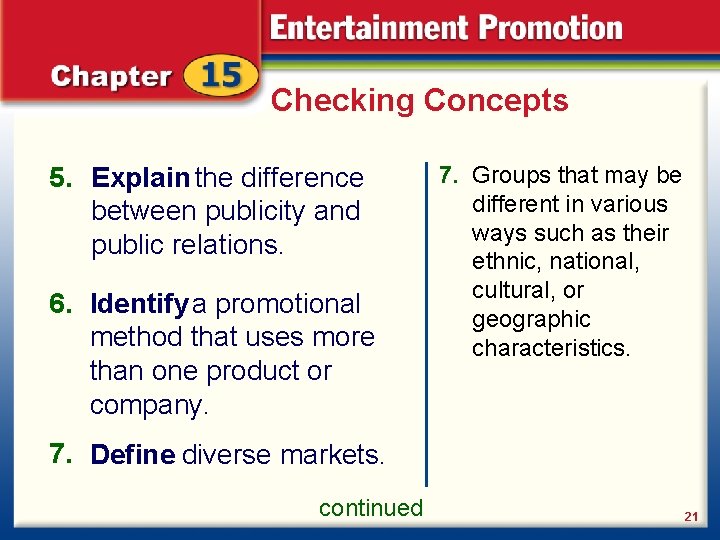 Checking Concepts 5. Explain the difference between publicity and public relations. 6. Identify a