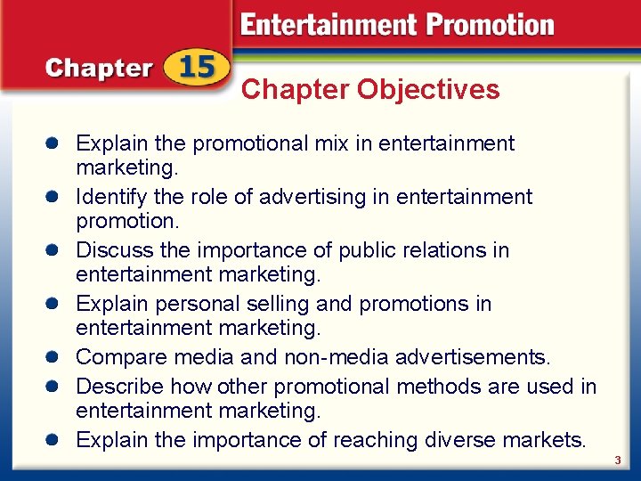 Chapter Objectives Explain the promotional mix in entertainment marketing. Identify the role of advertising