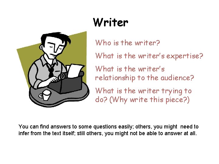 Writer Who is the writer? What is the writer’s expertise? What is the writer’s