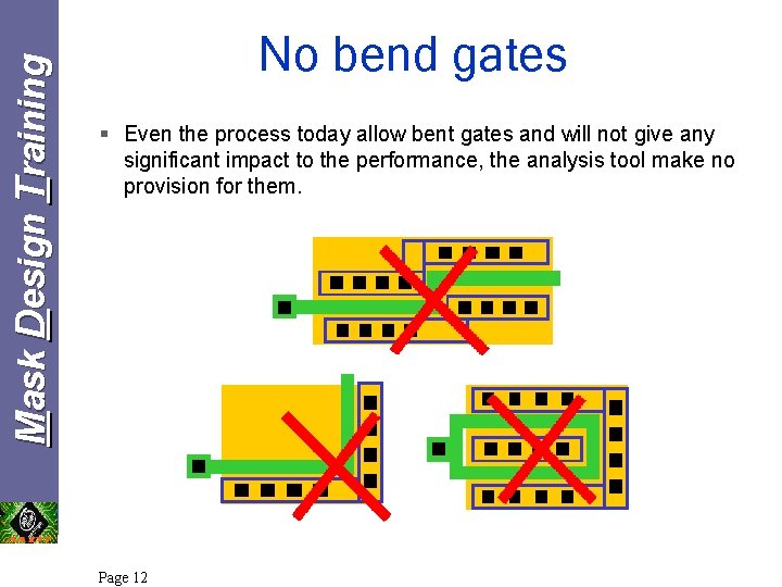 Mask Design Training No bend gates § Even the process today allow bent gates Mask Design Training No bend gates § Even the process today allow bent gates