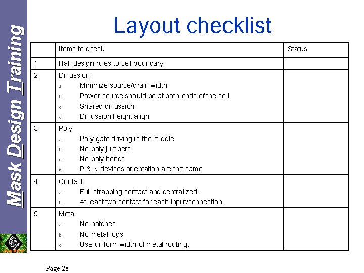 Mask Design Training Layout checklist Items to check 1 Half design rules to cell Mask Design Training Layout checklist Items to check 1 Half design rules to cell