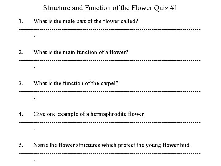 Structure and Function of the Flower Quiz #1 1. What is the male part