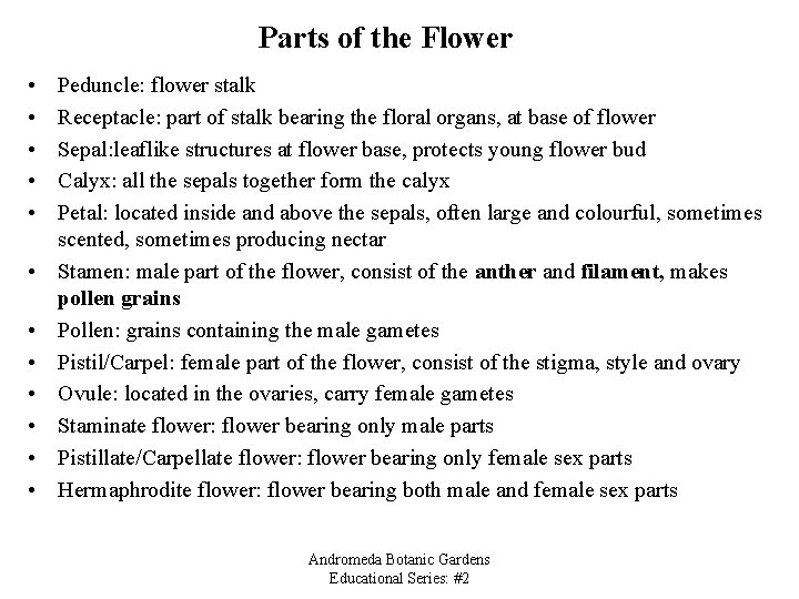 Parts of the Flower • • • Peduncle: flower stalk Receptacle: part of stalk