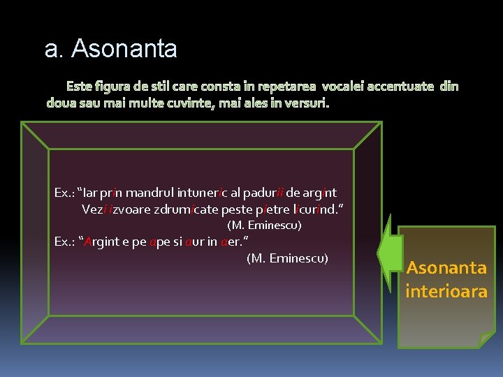 a. Asonanta Este figura de stil care consta in repetarea vocalei accentuate din doua