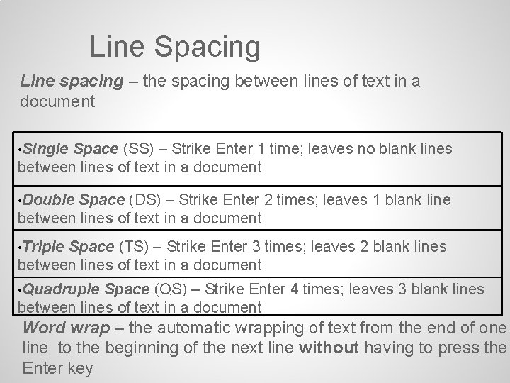 Line Spacing Line spacing – the spacing between lines of text in a document Line Spacing Line spacing – the spacing between lines of text in a document