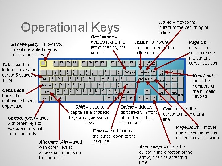 Home – moves the cursor to the beginning of a line Operational Keys Backspace Home – moves the cursor to the beginning of a line Operational Keys Backspace