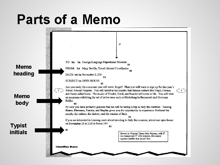 Parts of a Memo heading Memo body Typist initials Parts of a Memo heading Memo body Typist initials