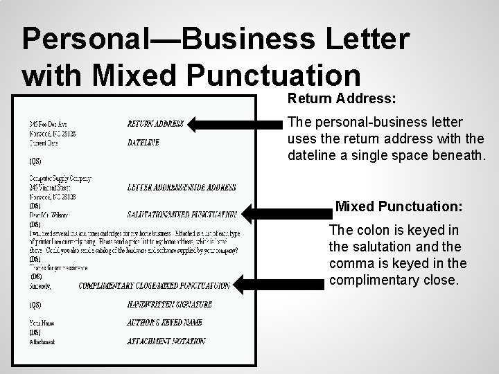 Personal—Business Letter with Mixed Punctuation Return Address: The personal-business letter uses the return address Personal—Business Letter with Mixed Punctuation Return Address: The personal-business letter uses the return address