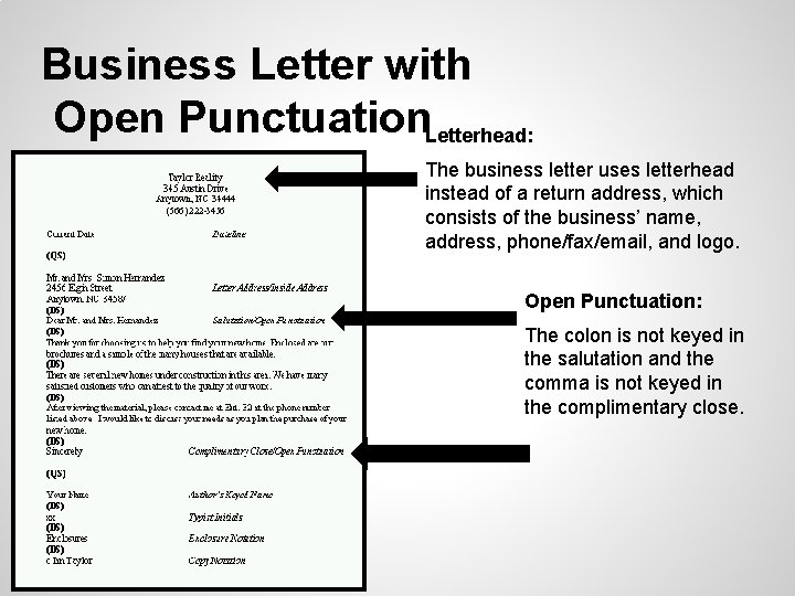 Business Letter with Open Punctuation. Letterhead: The business letter uses letterhead instead of a Business Letter with Open Punctuation. Letterhead: The business letter uses letterhead instead of a