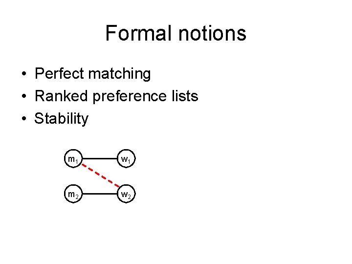 Formal notions • Perfect matching • Ranked preference lists • Stability m 1 w