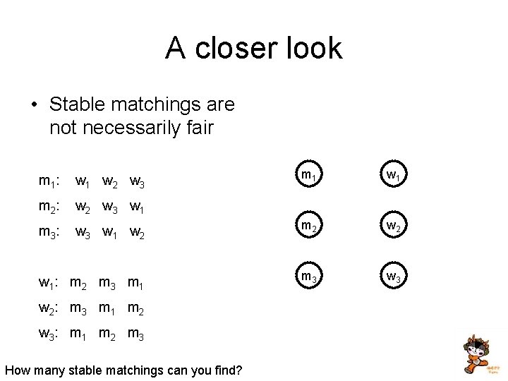 A closer look • Stable matchings are not necessarily fair m 1 w 3