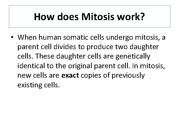 How does Mitosis work? • When human somatic cells undergo mitosis, a parent cell How does Mitosis work? • When human somatic cells undergo mitosis, a parent cell