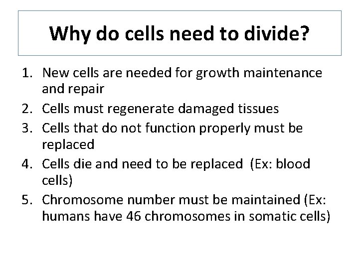 Why do cells need to divide? 1. New cells are needed for growth maintenance Why do cells need to divide? 1. New cells are needed for growth maintenance