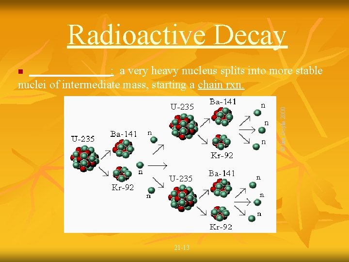 Radioactive Decay _______: a very heavy nucleus splits into more stable nuclei of intermediate