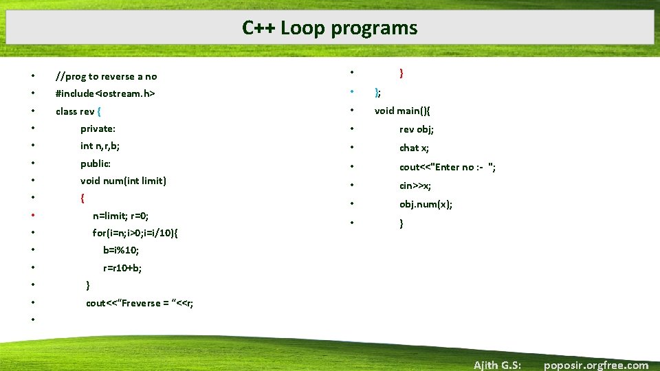 C++ Loop programs } • //prog to reverse a no • • #include<iostream. h>